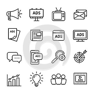 Set of media and advertising icons with linear style