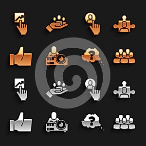 Set Media projector, Project team base, Question mark, Hand like, Head hunting, Team leader and for search people icon