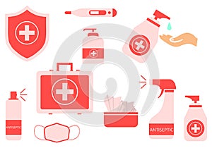 A set of medical antiseptics and means to protect against viruses and bacteria. Vector illustration