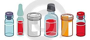 Set of medical bottles and vials vector flat style illustration isolated over white, meds drugstore concept, apothecary
