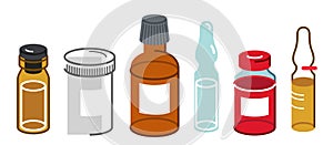 Set of medical bottles and vials vector flat style illustration isolated over white, meds drugstore concept, apothecary