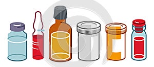 Set of medical bottles and vials vector flat style illustration isolated over white, meds drugstore concept, apothecary