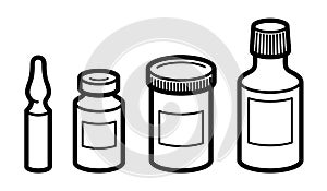 Set of medical bottles and vials vector flat style illustration isolated over white, meds drugstore concept, apothecary