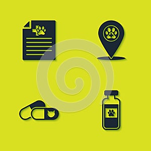 Set Medical certificate for dog or cat, Pets vial medical, Cat and pills and Location veterinary icon. Vector