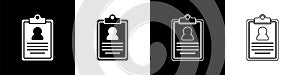 Set Medical clipboard with clinical record icon isolated on black and white background. Prescription, medical check