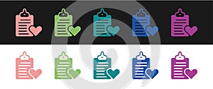 Set Medical clipboard with clinical record icon isolated on black and white background. Prescription, medical check