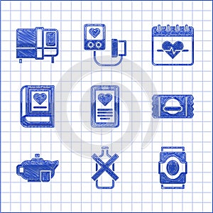 Set Medical clipboard, No alcohol, Soda can, Sports nutrition, Teapot with cup, book, Heart rate and Bed icon. Vector