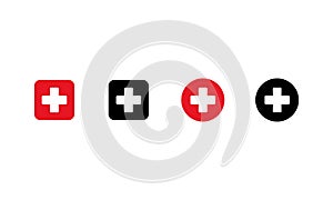 Set of Medical crosses. First aid sign. Emergency button. White plus icon. Vector on isolated white background. EPS 10