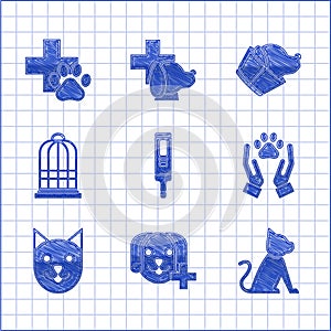 Set Medical digital thermometer, Veterinary clinic symbol, Cat, Hands with animals footprint, Cage for birds, and icon