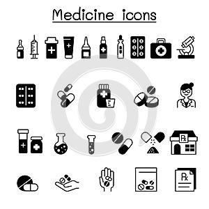 Set of medical drug related vector icons. contains such Icons as, pill, tablet, syringe, pharmacy, drugstore, capsule,