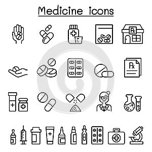 Set of medical drug related vector line icons. contains such Icons as, pill, tablet, syringe, pharmacy, drugstore, capsule,
