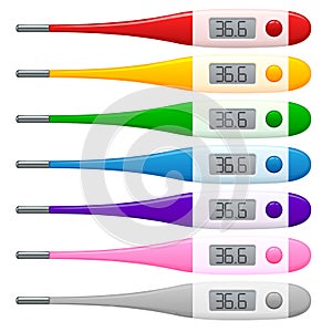 A set of medical electronic thermometers of different color with a metal tip, the button and figures on the screen