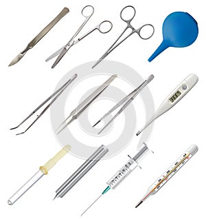 Set of medical hand tools. Tweezers different types, all-metal reusable scalpel, clip fastener, surgical scissors, glass