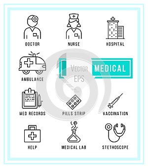 Set of Medical and Health icons. Isolated on white background. Vector illustration