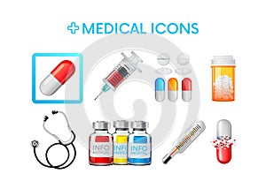 Set of medical icons,illustrations. Painkillers, capsules, antibiotics,thermometer, syringe,stethoscope,ampoule. Vector