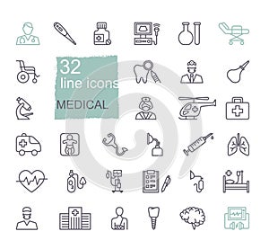 Set of medical icons. Linear vector symbols on the theme of diagnostics, treatment, and hospitals