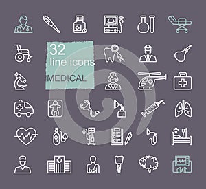 Set of medical icons. Linear vector symbols on the theme of diagnostics, treatment, and hospitals
