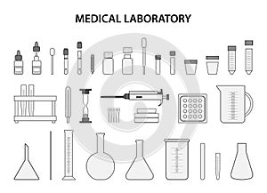 Set of medical laboratory and healthcare icons. Simple line art style icons pack.