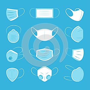 Set of medical masks isolated on a blue background. Face pollution mask. Vector illustration in flat style.