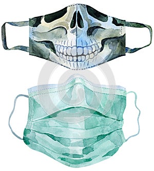 Set of medical protective masks on white background, Prevent Coronavirus, protection factor for virus