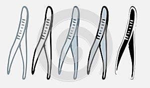 Set of medical scalpels in gray color vector icon. A set of metal scalpel drawn in doodle style isolated black outline and