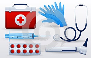 Set of medical and scientific equipments . Medical box . Sterilized gloves . Stethoscope . Syringe and needle . Drug . Otoscope .