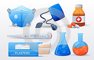 Set of medical and scientific equipments . N95 mask . Sphygmomanometer . Medicine bottle . Thermometer . Plasters . Test tube . photo
