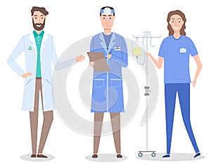 Set of medical staff otolaryngologist, doctor, nurse with drop counter, healthcare medicine concept