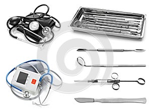 Set of medical supplies on white background