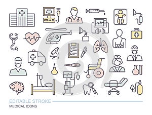 Set of medical on the theme of diagnostics, treatment, and hospital. Linear icons with editable stroke