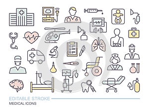 Set of medical on the theme of diagnostics, treatment, and hospital. Linear icons with editable stroke photo