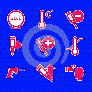 Set Medical thermometer, Digital, Checking body temperature, Meteorology, and icon. Vector