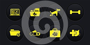 Set Medical veterinary record folder, Dog bone, Cat and pills, Pet first aid kit, pooping and icon. Vector