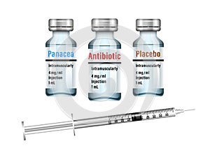 Set of medical vials placebo, antibiotic, panacea