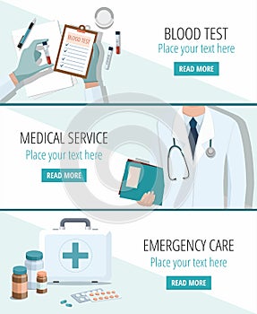 Set of medical web banners. Doctor, first aid kid with pills and blood test