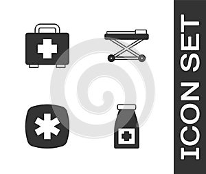 Set Medicine bottle and pills, First aid kit, Emergency - Star of Life and Stretcher icon. Vector