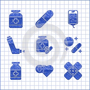 Set Medicine bottle and pills, Heart with cross, Crossed bandage plaster, or tablet, Inhaler, IV bag and icon. Vector