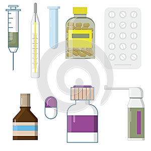 Set of medicine bottles with labels and pills. drugs, tablets,capsules vitamins.syringe, thermometer, vector illustration in flat