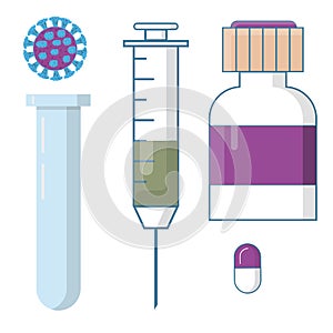 Set of medicine bottles with labels and pills. drugs, tablets,capsules vitamins.syringe, thermometer, vector illustration in flat