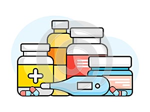 Set of medicine bottles with labels and pills on a white background