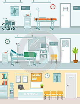 Set of medicine concepts with empty hospital rooms in flat style