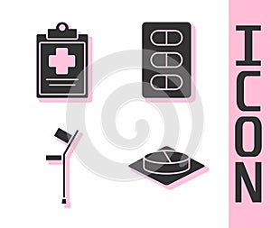 Set Medicine pill or tablet, Medical clipboard with clinical record, Crutch or crutches and Pills in blister pack icon