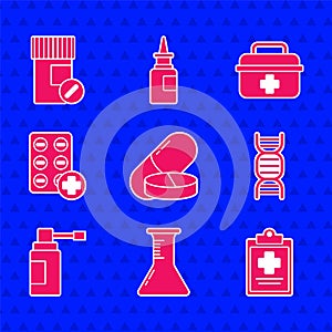 Set Medicine pill or tablet, Test tube and flask, Medical clipboard with clinical record, DNA symbol, bottle nozzle