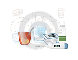 Set of medicine for treatment hot tea pulse oximeter spray vector illustration on white background