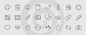 Set of medicine vector line icons. It contains the first aid kit, nurse, syringe, thermometer, plastic, pills, heart