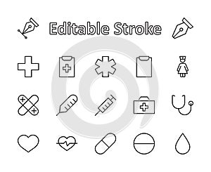 Set of medicine vector line icons. It contains the first aid kit, nurse, syringe, thermometer, plastic, pills, heart