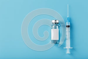 Ampoule with a vaccine and a syringe for viruses and diseases on a blue background photo