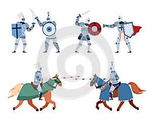Set of medieval ancient knights in armour, flat vector illustration isolated.