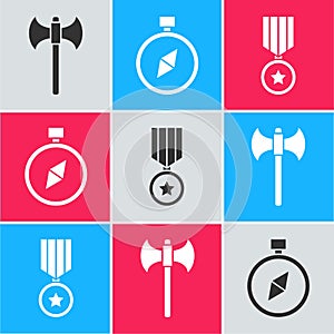 Set Medieval axe, Compass and Military reward medal icon. Vector