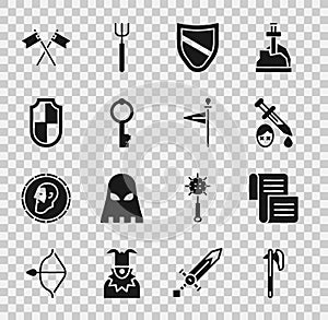 Set Medieval axe, Decree, parchment, scroll, Sword with blood, Shield, Old key, Crossed medieval flag and icon. Vector